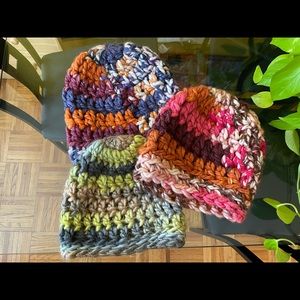 3 handmade crochet beanies.